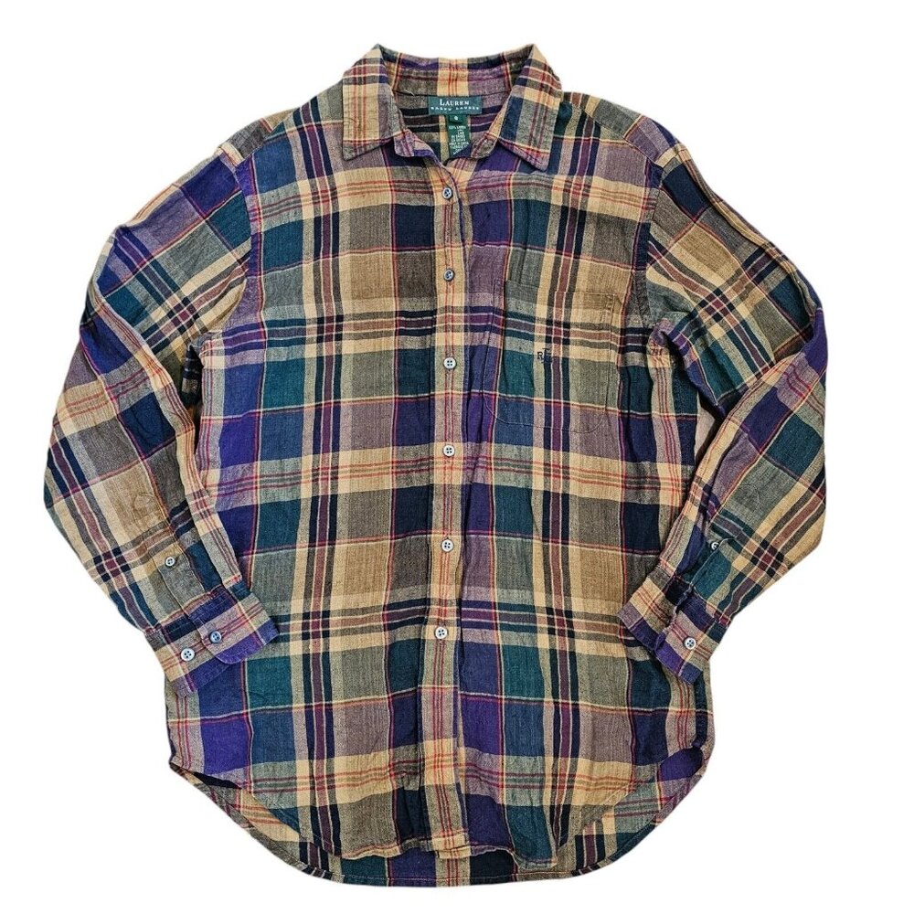 Vintage Lauren Ralph Lauren Womens 6 Linen Plaid Button Up‎ Shirt Longsleeve Tan